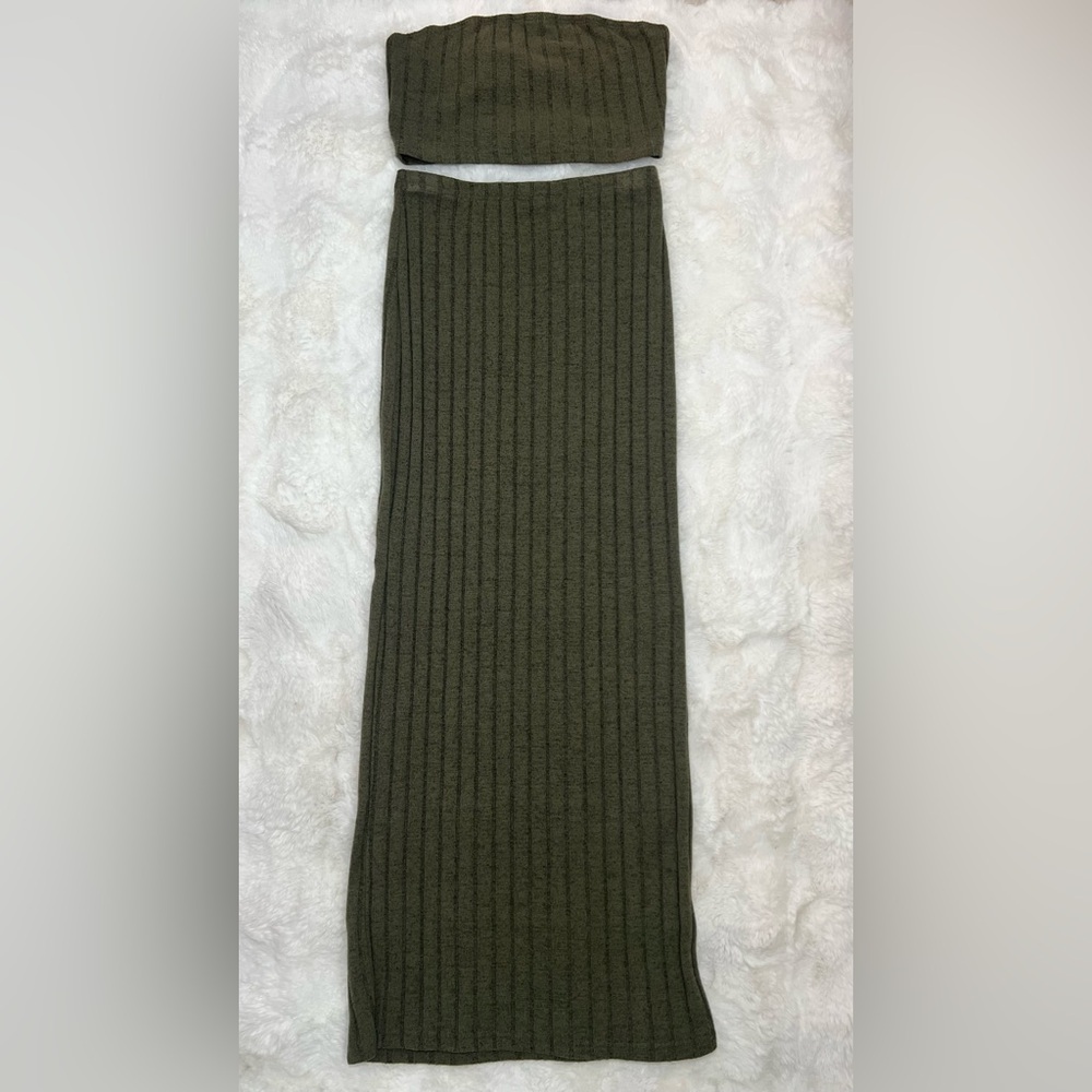 Olive Green Ribbed Tube Top and skirt set